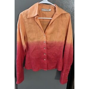 Farinaz Taghavi Women's 6 Linen Button Up Shirt Ombré Tropical Vacation Blouse